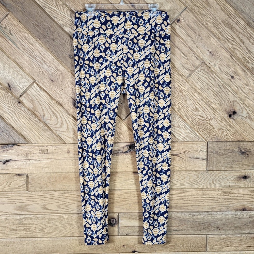 LuLaRoe Leggings Womens Tall & Curvy Geometric Leaf Print Navy Orange Multi